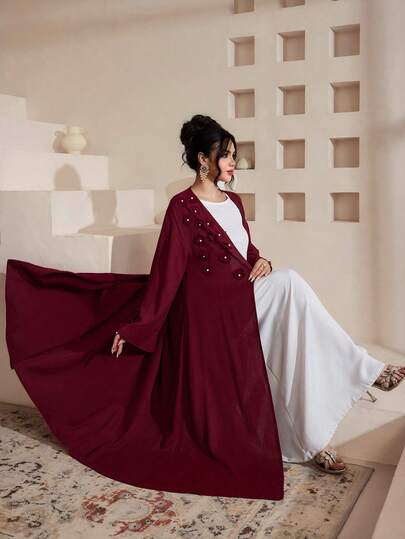 Al Najma رمضان كارديجان ماكسي أنيق مطرز بأزهار مع أكمام واسعة، للربيع والصيف