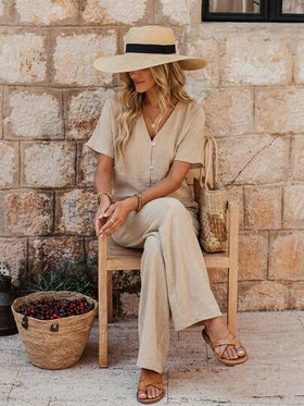 Faunlyn مجموعة صيفية للنساء مكونة من ملابس علوية كاجوال بياقة على شكل حرف V وأكمام على شكل خفاش مع أزرار أمامية وبنطال واسع الساق، مجموعة قطعتين منسقة للصيف، مجموعة قطعتين للنساء للاسترخاء