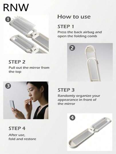 RNW فرشاة سفر قابلة للطي للشعر، فرشاة شعر للسفر مع مرآة قابلة للفصل، مشط تدليك فروة الرأس المدمج للنساء والرجال، فرشاة شعر صغيرة محمولة للحقيبة والجيم والرحلات والأنشطة الخارجية