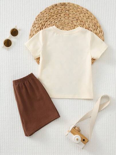 Cozy Pixies مجموعة ملابس علوية كم قصير بطباعة حيوانات كرتونية ناعمة وشورت بخصر مطاطي لطفل ولد، 2 قطعة
