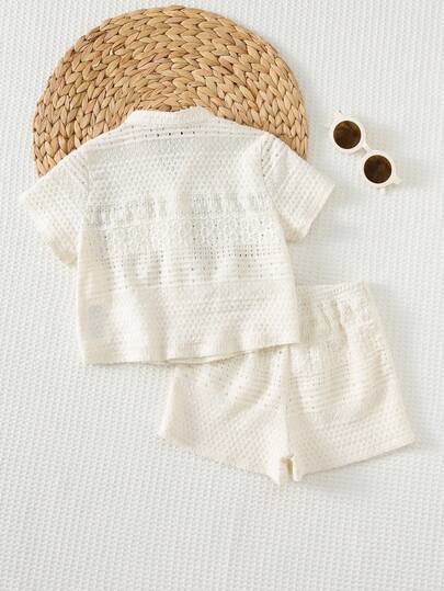 Cozy Pixies مجموعة قميص وشورت قصير الأكمام للأطفال الرضع الصبيان، لون سادة، طوق منقلب، خصر مطاطي، مجموعة صيفية للأطفال الرضع، ملابس صيفية للأطفال الرضع الصبيان، مجموعة كتان للأطفال الرضع محايدة، ملابس أطفال رضع محايدة فينتاج، قميص أزرار للأطفال الرضع