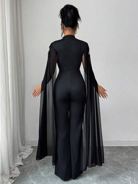 Elenzga جمبسوت نسائية بتصميم كيب مطرز بياقة على شكل حرف V، بأرجل واسعة للحفلات