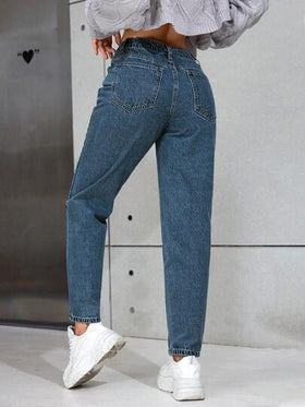 SHEIN PETITE جينز نسائي فضفاض مستقيم الساق مع جيوب مزينة بالراين ستون، متعدد الاستخدامات وكاجوال