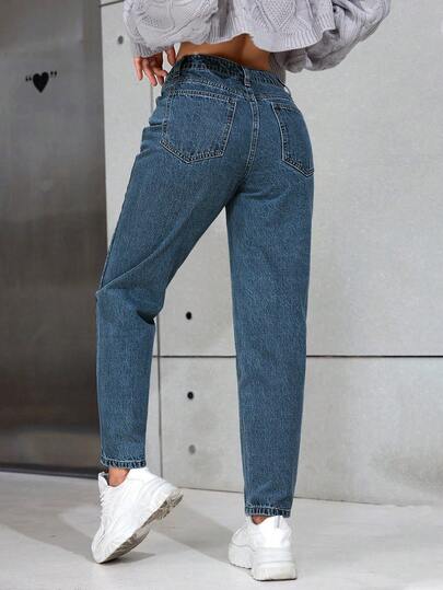 SHEIN PETITE جينز نسائي فضفاض مستقيم الساق مع جيوب مزينة بالراين ستون، متعدد الاستخدامات وكاجوال
