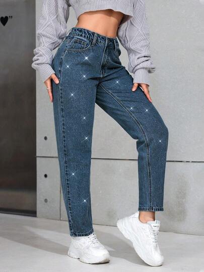 SHEIN PETITE جينز نسائي فضفاض مستقيم الساق مع جيوب مزينة بالراين ستون، متعدد الاستخدامات وكاجوال