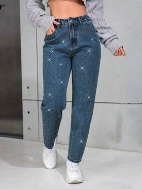 SHEIN PETITE جينز نسائي فضفاض مستقيم الساق مع جيوب مزينة بالراين ستون، متعدد الاستخدامات وكاجوال