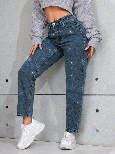 SHEIN PETITE جينز نسائي فضفاض مستقيم الساق مع جيوب مزينة بالراين ستون، متعدد الاستخدامات وكاجوال