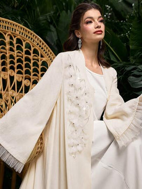 Al Najma رمضان عباءة أنيقة للنساء مزينة باللؤلؤ، بتصميم شبكي ولوحات، بأكمام طويلة وأزرار