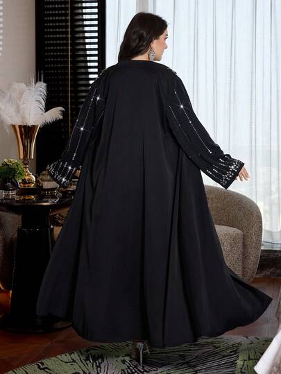 Al Najma رمضان عباءة أنيقة للمناسبات الرسمية للنساء ذوات الأحجام الكبيرة، مزينة بالراين، ذات أكمام طويلة وأمام مفتوح