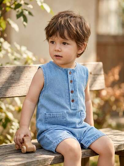 SHEIN Vintaside Kids جمبسوت صيفية كاجوال يومية للأطفال الصبيان بطراز كلاسيكي جامعي، بأزرار أمامية نصفية، جيوب قصاصات، بدون أكمام، فضفاضة
