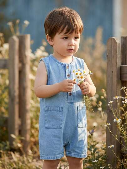 SHEIN Vintaside Kids جمبسوت صيفية كاجوال يومية للأطفال الصبيان بطراز كلاسيكي جامعي، بأزرار أمامية نصفية، جيوب قصاصات، بدون أكمام، فضفاضة