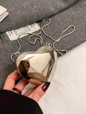 1 قطعة جديدة من الحقيبة المعدنية الصغيرة، محفظة معدنية مطلية بالفضة، حقيبة كروس بشكل قلب معدني لامع وأنيق، حقيبة يد مريحة، حقيبة إكسسوارات، محفظة عملات أنيقة، حافظة سماعات، مناسبة للزفاف وعيد الحب