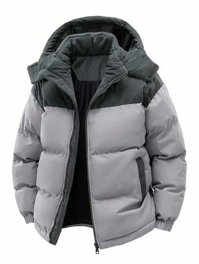 معطف مبطن بغطاء رأس للرجال للخريف/الشتاء، ألوان متباينة، سميك ودافئ للرياضة والملابس الكاجوال الخارجية