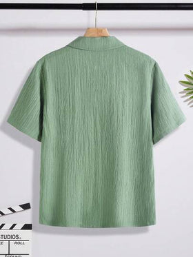 SHEIN قميص كاجوال قصير الأكمام بأزرار أمامية من قماش ملمس، للصيف، لصبي مراهق