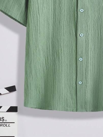 SHEIN قميص كاجوال قصير الأكمام بأزرار أمامية من قماش ملمس، للصيف، لصبي مراهق
