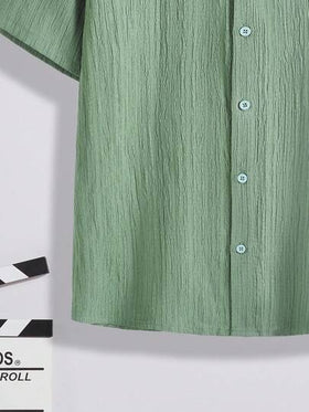SHEIN قميص كاجوال قصير الأكمام بأزرار أمامية من قماش ملمس، للصيف، لصبي مراهق
