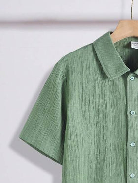 SHEIN قميص كاجوال قصير الأكمام بأزرار أمامية من قماش ملمس، للصيف، لصبي مراهق
