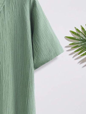 SHEIN قميص كاجوال قصير الأكمام بأزرار أمامية من قماش ملمس، للصيف، لصبي مراهق