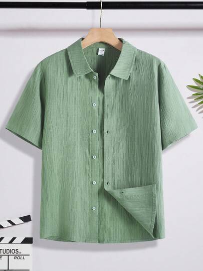 SHEIN قميص كاجوال قصير الأكمام بأزرار أمامية من قماش ملمس، للصيف، لصبي مراهق