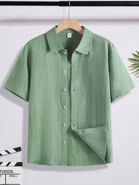 SHEIN قميص كاجوال قصير الأكمام بأزرار أمامية من قماش ملمس، للصيف، لصبي مراهق