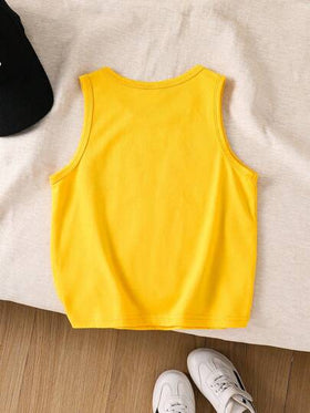 SHEIN 1 قطعة ملابس علوية صبيان كاجوال فضفاضة بلون أحادي مطبوع عليها رسم إنجليزي بدون أكمام، مناسبة للارتداء اليومي، المدرسة، الخروجات، الرياضة، الربيع/الصيف