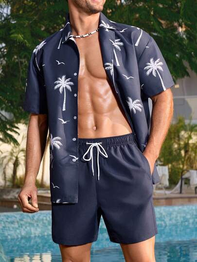 Manfinity Swimmode ملابس صيفية فضفاضة للشاطئ مع أزرار أمامية وأكمام قصيرة منسدلة للرجال