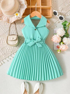 SHEIN Elladie kids فستان بوسط مربوط وياقة منسدلة للبنات، فستان أنيق وأنيق للعطلات