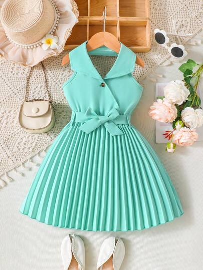 SHEIN Elladie kids فستان بوسط مربوط وياقة منسدلة للبنات، فستان أنيق وأنيق للعطلات