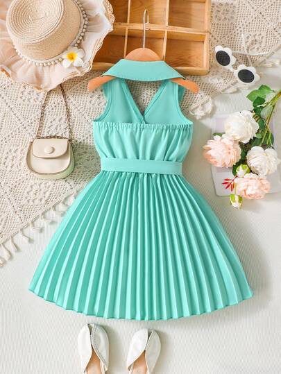 SHEIN Elladie kids فستان بوسط مربوط وياقة منسدلة للبنات، فستان أنيق وأنيق للعطلات