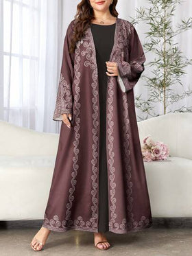 SHEIN Najma عباية كاردجان طويلة كاجوال بأكمام طويلة للنساء ذوات الحجم الكبير، بطبعة زهور الكاجو الرجعية، مناسبة للربيع والخريف