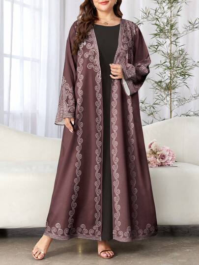 SHEIN Najma عباية كاردجان طويلة كاجوال بأكمام طويلة للنساء ذوات الحجم الكبير، بطبعة زهور الكاجو الرجعية، مناسبة للربيع والخريف