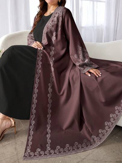 SHEIN Najma عباية كاردجان طويلة كاجوال بأكمام طويلة للنساء ذوات الحجم الكبير، بطبعة زهور الكاجو الرجعية، مناسبة للربيع والخريف