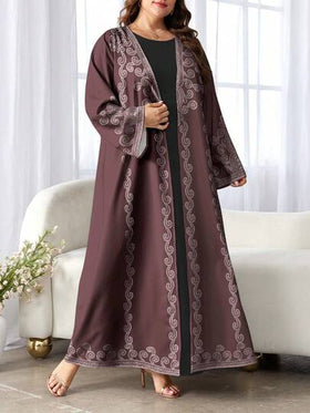 SHEIN Najma عباية كاردجان طويلة كاجوال بأكمام طويلة للنساء ذوات الحجم الكبير، بطبعة زهور الكاجو الرجعية، مناسبة للربيع والخريف