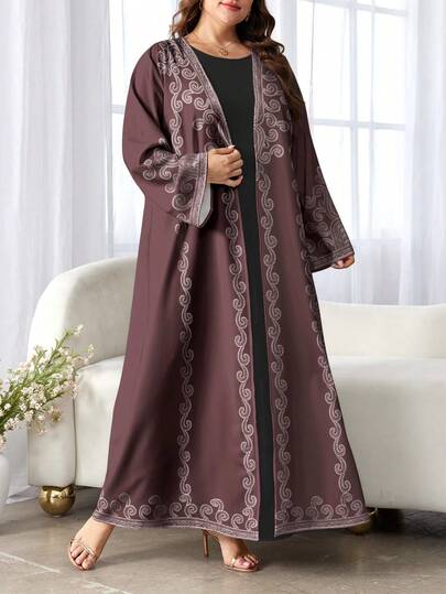 SHEIN Najma عباية كاردجان طويلة كاجوال بأكمام طويلة للنساء ذوات الحجم الكبير، بطبعة زهور الكاجو الرجعية، مناسبة للربيع والخريف