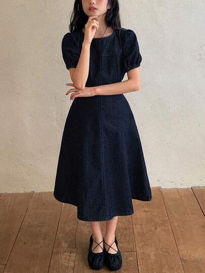 DAZY فستان قصير بأكمام قصيرة من الجينز للفتيات المراهقات
