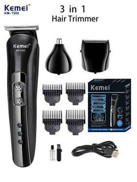 Kemei آلة حلاقة الشعر الكهربائية KM-1506 ماكينة إزالة شعر الوجه والأنف والأذن 3 في 1 قابلة للشحن عبر USB، ماكينة قص الشعر رخيصة الثمن وذات مبيعات عالية، مناسبة للاستخدام المنزلي وللعائلة