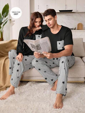 SHEIN بيجامة رجالية كاجوال بأكمام قصيرة مطبوعة بخطوط وأنجم
