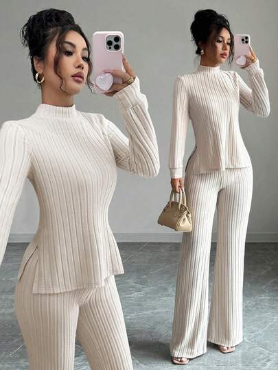 SHEIN PETITE ملابس علوية نسائية بياقة عالية مع تصميم شق وأكمام طويلة مع بنطال ساق واسعة، طقم كاجوال للعطلات، خريف/شتاء