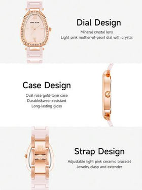 Anne Klein ساعة يد نسائية أنيقة بسوار من السيراميك الأسود، ساعة كوارتز تناظرية رفيعة للنساء، مزودة بمينا أسود لامع بيضاوي الشكل مرصع بالكريستال، ساعة يد نسائية أنيقة بسوار قابل للتعديل
