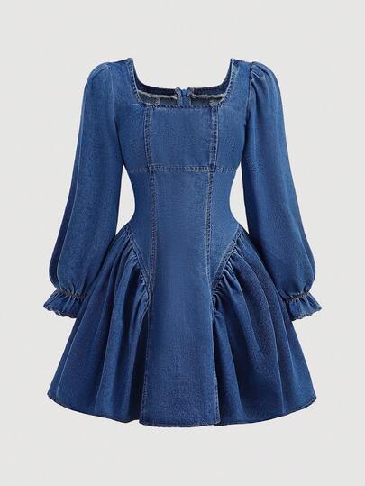 SHEIN فستان جينز أزرق داكن مزين بفيونكة ثلاثية الأبعاد للبنات