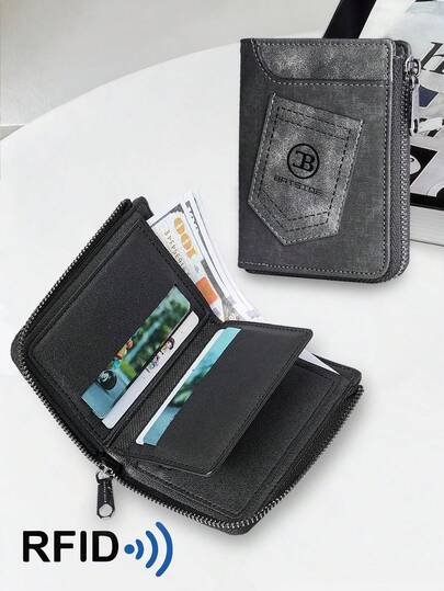 محفظة جينز رجالية عتيقة مزودة بحماية RFID، حامل بطاقات قابل للحمل بسحاب
