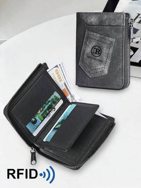 محفظة جينز رجالية عتيقة مزودة بحماية RFID، حامل بطاقات قابل للحمل بسحاب