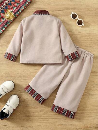 SHEIN مجموعة ملابس علوية كم طويل وبنطال واسع للأطفال الصبيان، بتصميم ألوان متباينة ورقعي وزهري عتيق، مناسبة لحفلات عيد الميلاد والسهرات والأعياد والأعراس وحفلات استقبال المولود الجديد وعيد الميلاد الأول والمناسبات