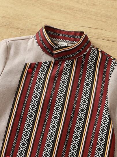 SHEIN مجموعة ملابس علوية كم طويل وبنطال واسع للأطفال الصبيان، بتصميم ألوان متباينة ورقعي وزهري عتيق، مناسبة لحفلات عيد الميلاد والسهرات والأعياد والأعراس وحفلات استقبال المولود الجديد وعيد الميلاد الأول والمناسبات