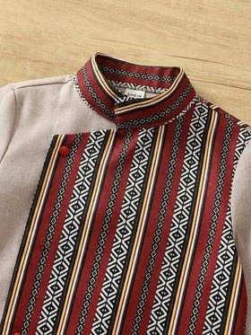 SHEIN مجموعة ملابس علوية كم طويل وبنطال واسع للأطفال الصبيان، بتصميم ألوان متباينة ورقعي وزهري عتيق، مناسبة لحفلات عيد الميلاد والسهرات والأعياد والأعراس وحفلات استقبال المولود الجديد وعيد الميلاد الأول والمناسبات