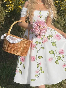 SHEIN MOD فستان أنيق للنساء بطبعة زهور وياقة منحرفة الكتف