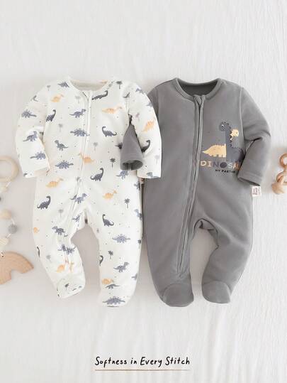 Cozy Pixies طقم بدلة نوم للأطفال حديثي الولادة جنسين، بنمط ديناصور كرتوني مطبوع على قطعتين من القطن الناعم، بأكمام طويلة وياقة طاقم، مع سحاب للارتداء، مناسب للأطفال الرضع