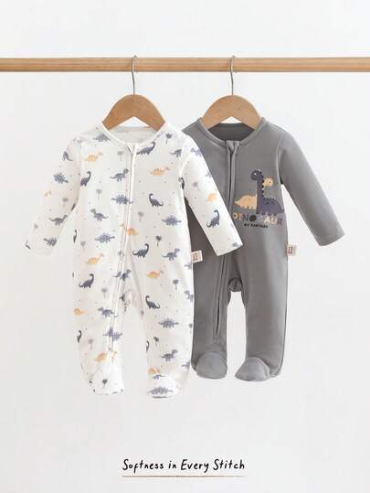 Cozy Pixies طقم بدلة نوم للأطفال حديثي الولادة جنسين، بنمط ديناصور كرتوني مطبوع على قطعتين من القطن الناعم، بأكمام طويلة وياقة طاقم، مع سحاب للارتداء، مناسب للأطفال الرضع