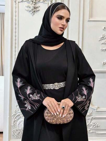 Al Najma رمضان عباءة نسائية فضفاضة مطرزة بالزهور مع كابوشون