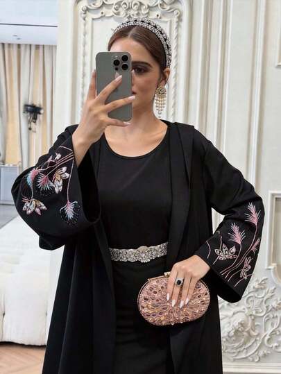 Al Najma رمضان عباءة نسائية فضفاضة مطرزة بالزهور مع كابوشون